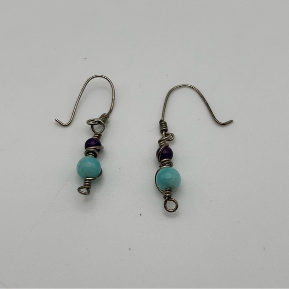 Boho Light Blue & Purple Beaded Wire Wrapped Dangle Earrings 925 Sterling Silver - Picture 3 of 5